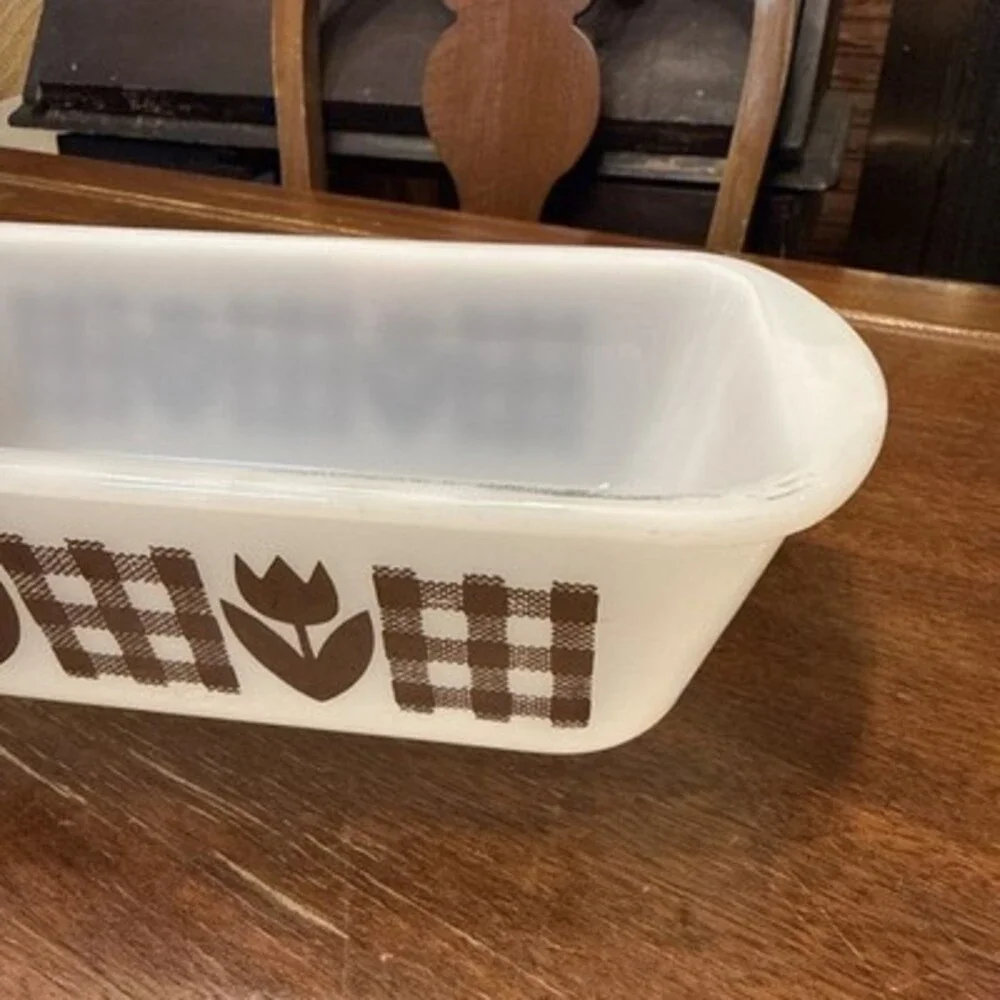 Vintage Glasbake 5x9  White Milk Glass Loaf Pan Brown Gingham Tulips